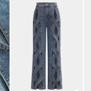 Women’s Blue Denim Cut Out Fitted Semi Sheer Straight Leg Jeans Size Small